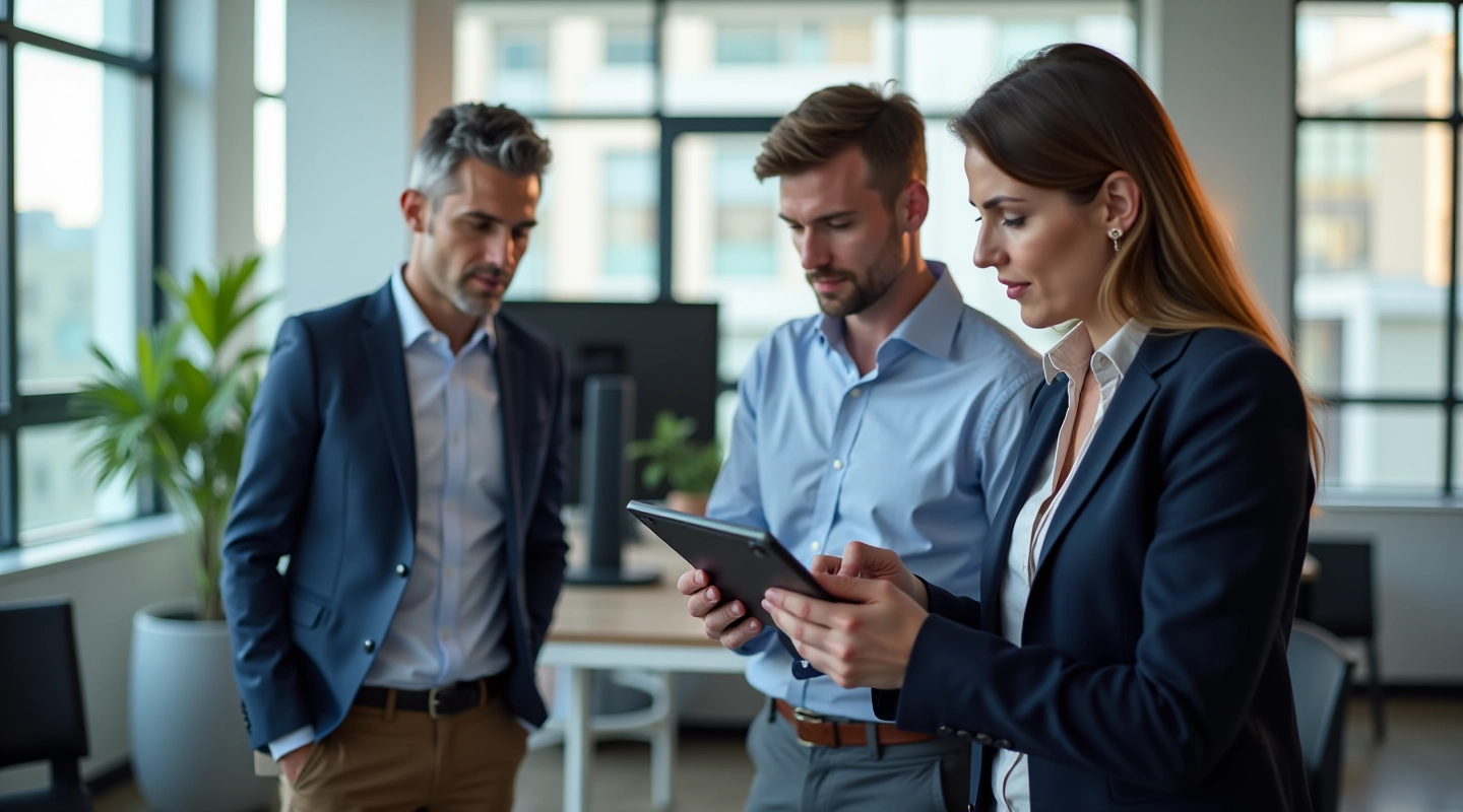 Business professionals reviewing charts and data on tablet during meeting