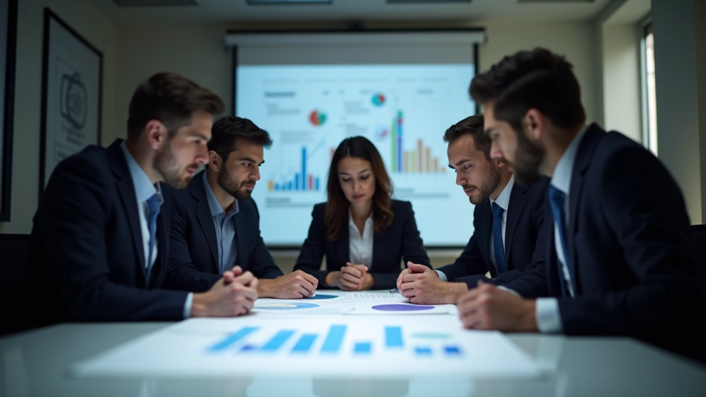 Market analysis team reviewing competitive positioning strategy with charts and business intelligence data