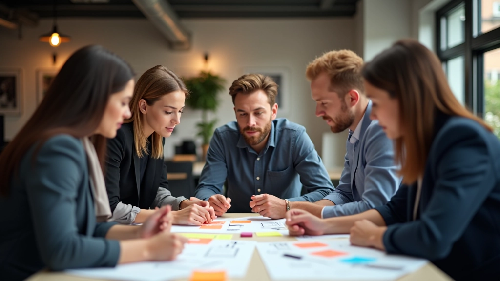 Business team discussing market positioning strategy in modern office