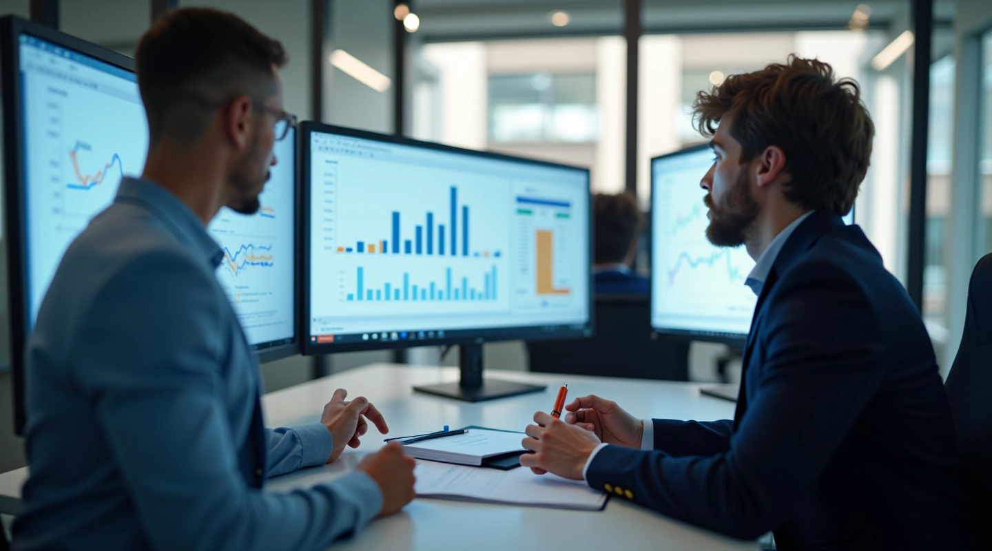 Professional business analysis and benchmarking work environment with modern tools and collaborative setup